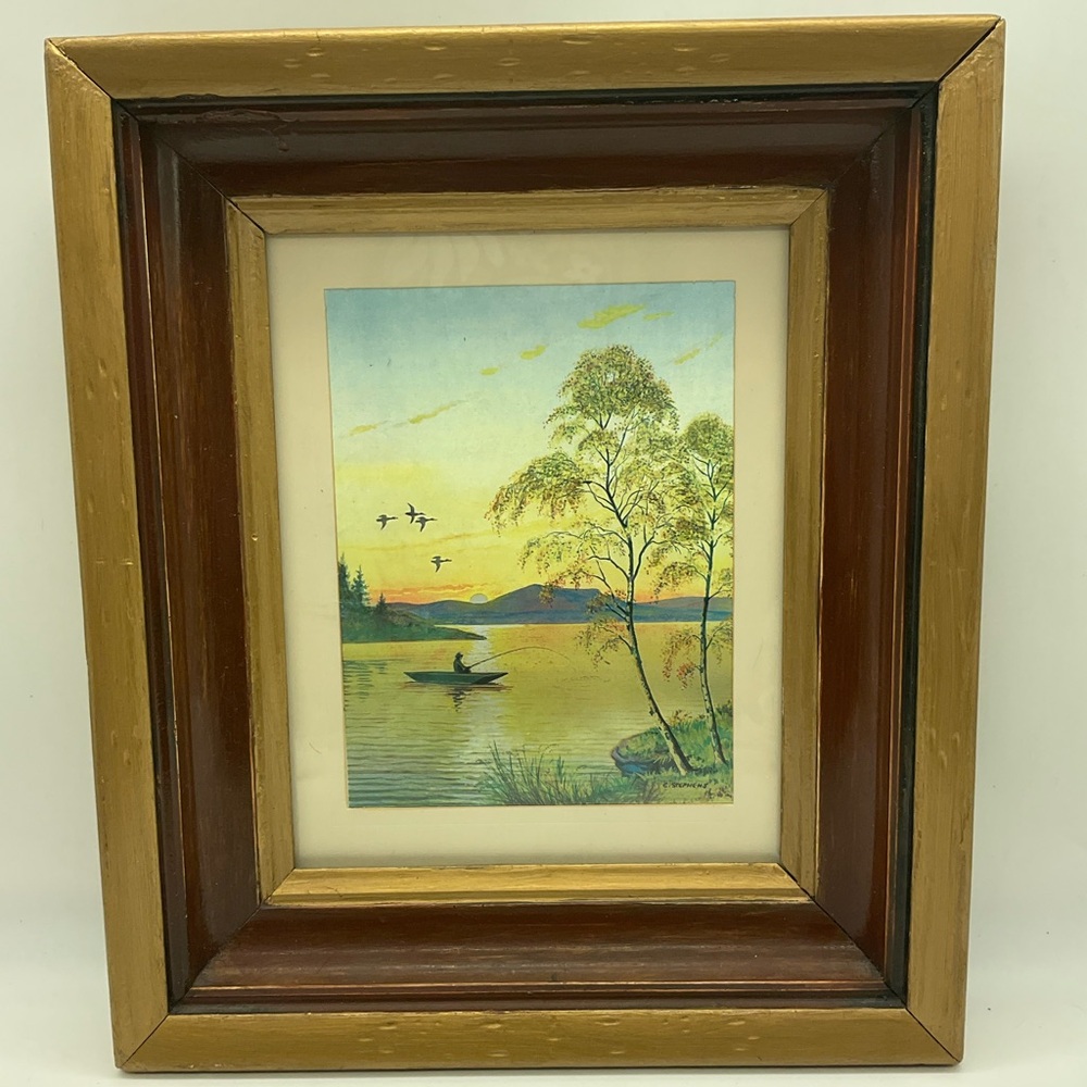 Vintage Foil Printed At DuFex in England Sunset Lake Mountain Framed 14x12